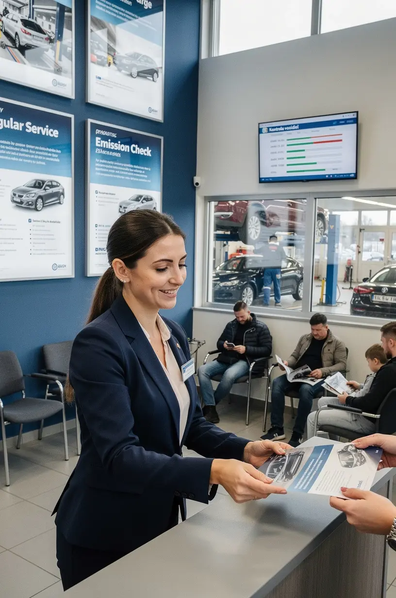 Automobil na zdviháku v servisnej hale počas pokročilej kontroly technického stavu.