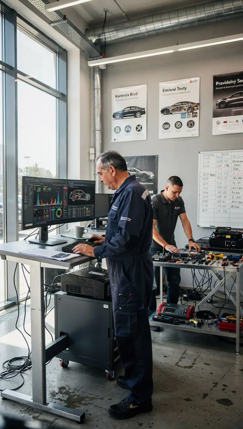 Zamestnanec diagnostického centra vysvetľujúci výsledky kontroly zákazníkovi.