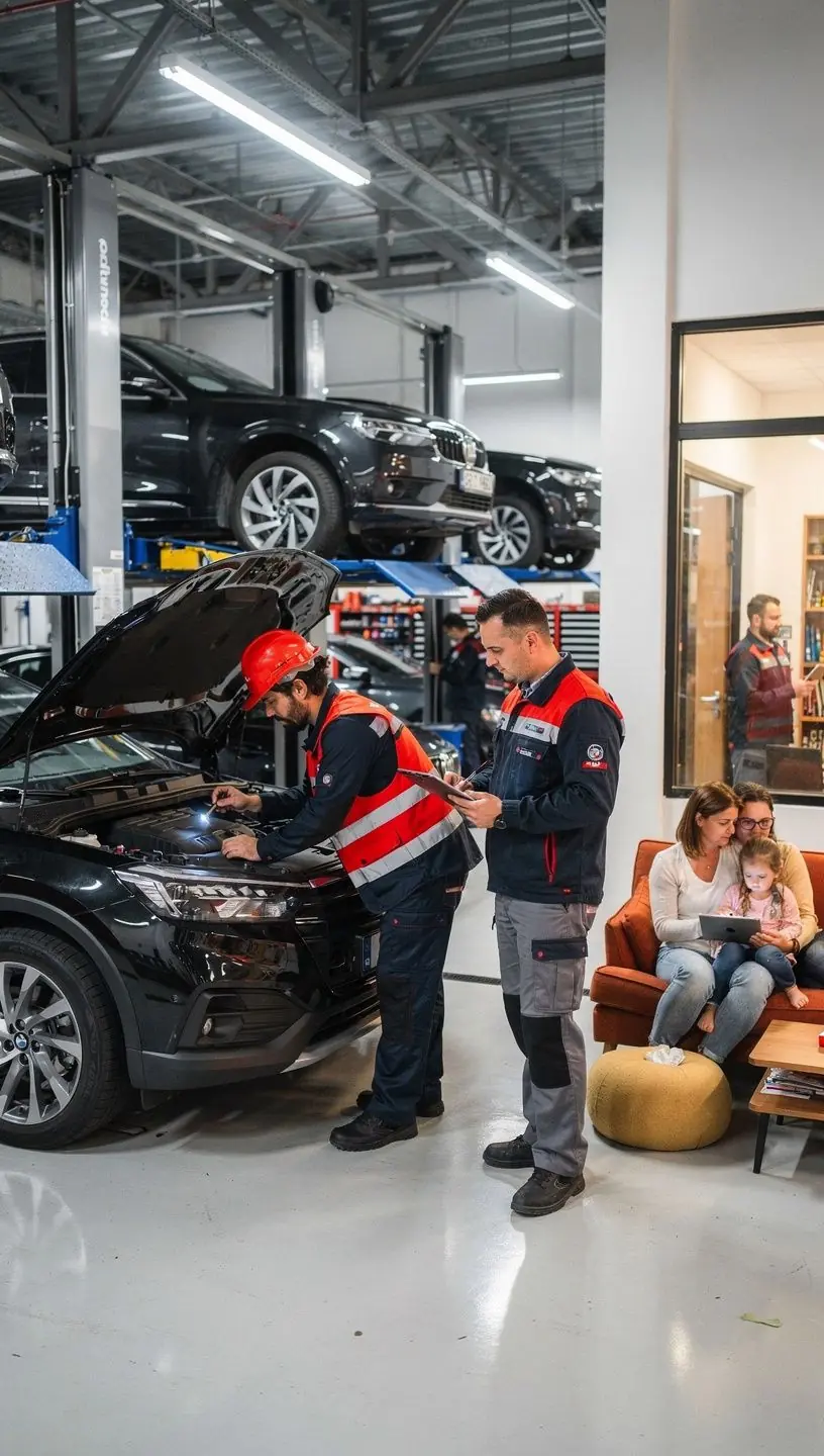 Technik vykonávajúci podrobnú počítačovú diagnostiku motorového vozidla.